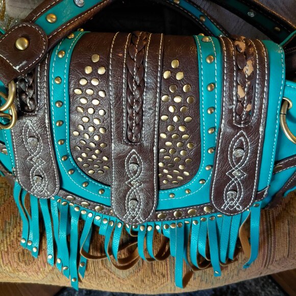 Teal and Brown Two Strap Shoulder Bag - Picture 8 of 10
